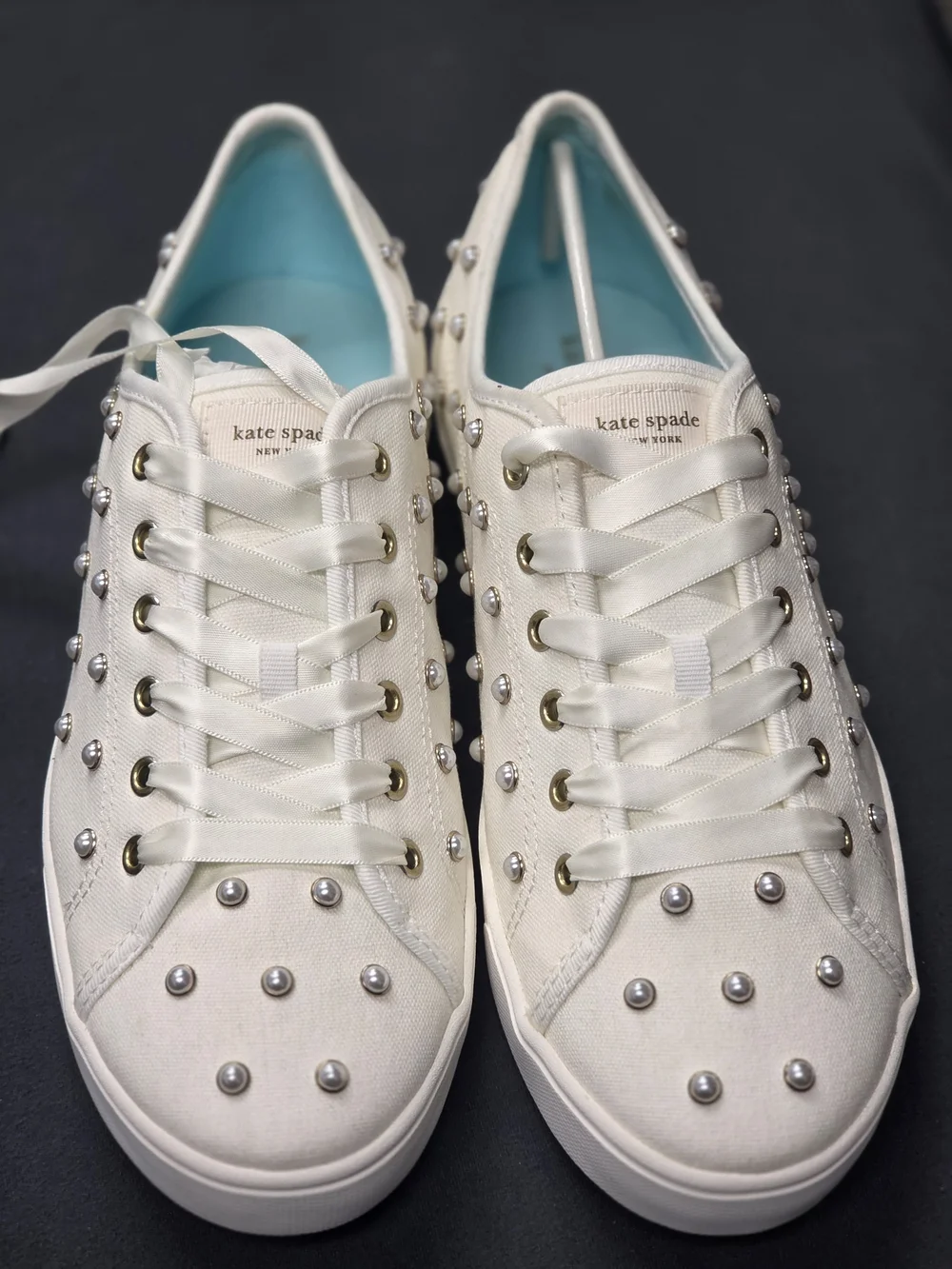 kate spade White Pearl-Studded Canvas Sneakers